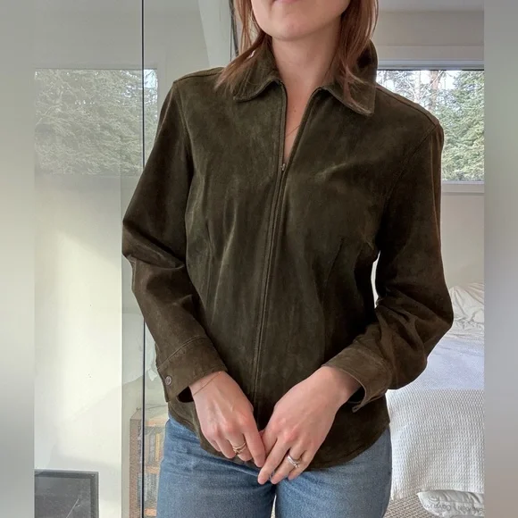 100% suede Jones New York Olive Leather Jacket - Picture 5 of 10